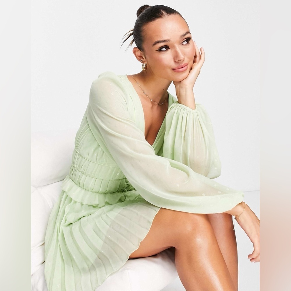 ASOS Sage Green Dobby Pleated Mini Dress Fairycore Forest Pixie Vibe NWT Size 4 - Picture 4 of 14